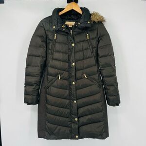 Michael Kors Gunmetal Faux-Fur-Trim Hooded Chevron Down Puffer Parka Coat Small